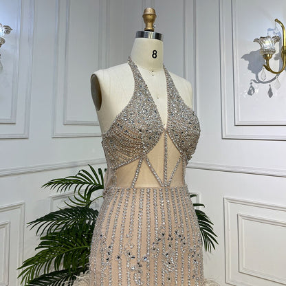 Lilac Sexy Mermaid Halter Off Shoulder Short Evening Dresses Luxury Beaded Feather Mini Gowns 2025 For Women Party LA72037