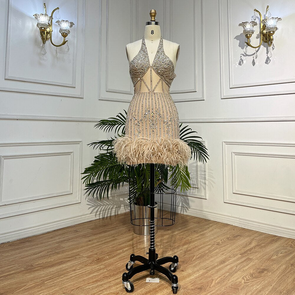 Lila Sexy Meerjungfrau Halfter Off Schulter Kurze Abendkleider Luxus Perlen Feder Mini Kleider 2025 Für Frauen Party LA72037 