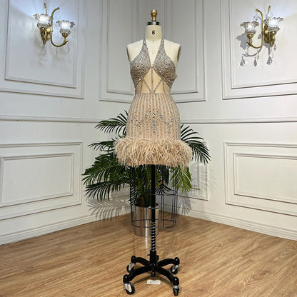 Lilac Sexy Mermaid Halter Off Shoulder Short Evening Dresses Luxury Beaded Feather Mini Gowns 2025 For Women Party LA72037