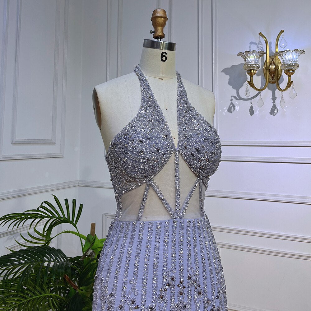 Lila Sexy Meerjungfrau Halfter Off Schulter Kurze Abendkleider Luxus Perlen Feder Mini Kleider 2025 Für Frauen Party LA72037 