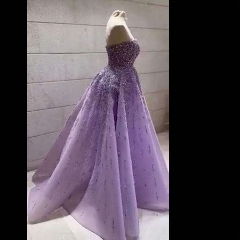Vestidos de noche largos de lujo estilo Dubái, sin tirantes, corte A, color lila, con cuentas, para mujer, para fiesta de bodas, LA72119 