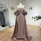 Luxuriöse arabische staubige Rose Abendkleider mit Cape Dubai Elegante trägerlose Midi-Frauen-Hochzeits-Partykleider LA72543 
