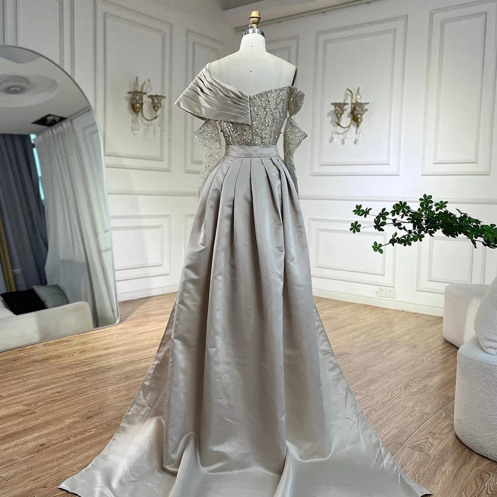 Vestidos de noche de lujo con cuentas y perlas árabes color nude, elegantes vestidos de fiesta de boda de Dubái con un solo hombro, LA72486 2025 
