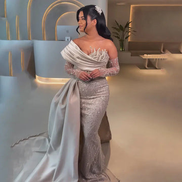 Luxury Arabic Nude Pearls Beaded Evening Dresses Dubai Elegant One Sho –  Sunnderly