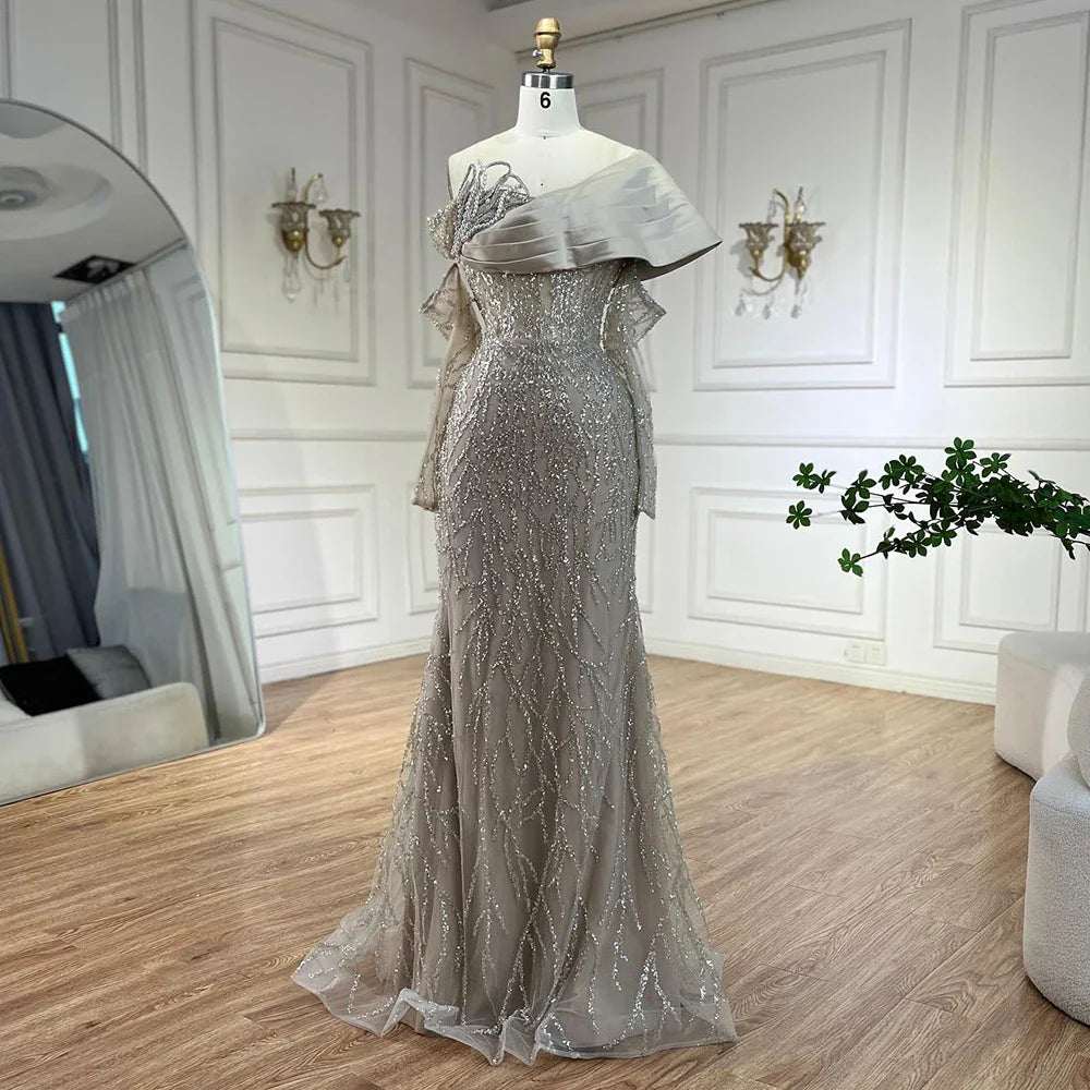 Vestidos de noche de lujo con cuentas y perlas árabes color nude, elegantes vestidos de fiesta de boda de Dubái con un solo hombro, LA72486 2025 