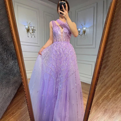 Luxuriöses, mit Perlen verziertes, lila Abendkleid für Damen, Hochzeit, Party, LA71778 