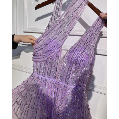 Luxuriöses, mit Perlen verziertes, lila Abendkleid für Damen, Hochzeit, Party, LA71778 