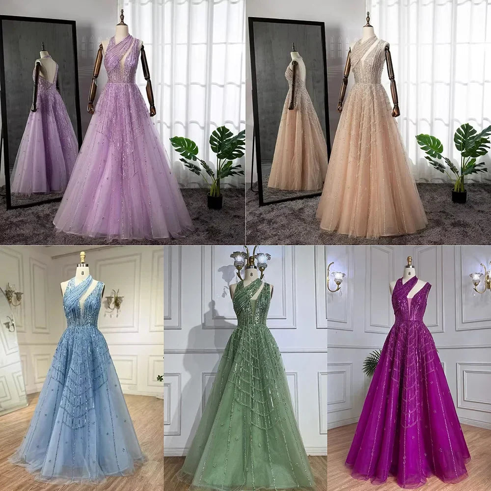Vestidos de noche de lujo con cuentas en color lila para mujer, para fiesta de boda LA71778