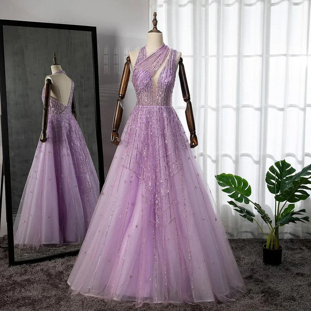 Vestidos de noche de lujo con cuentas en color lila para mujer, para fiesta de boda LA71778