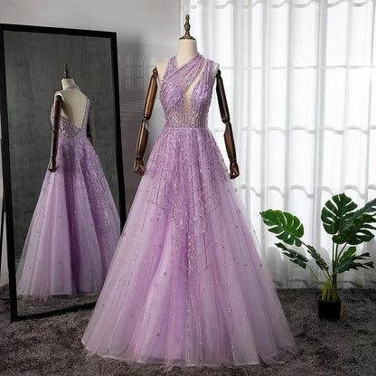 Luxuriöses, mit Perlen verziertes, lila Abendkleid für Damen, Hochzeit, Party, LA71778 