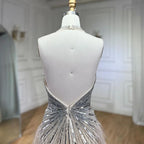 Luxury Beaded Feather Beige High Split Mermaid Evening Dresses Gowns Backless 2025 For Women Party LA70623B