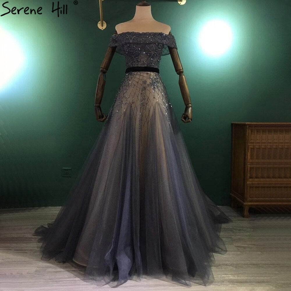 Luxury Blue A-Line Evening Dresses Gowns 2025 Beaded Bling Off Shoulder For Women Party LA71192