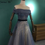 Luxury Blue A-Line Evening Dresses Gowns 2025 Beaded Bling Off Shoulder For Women Party LA71192