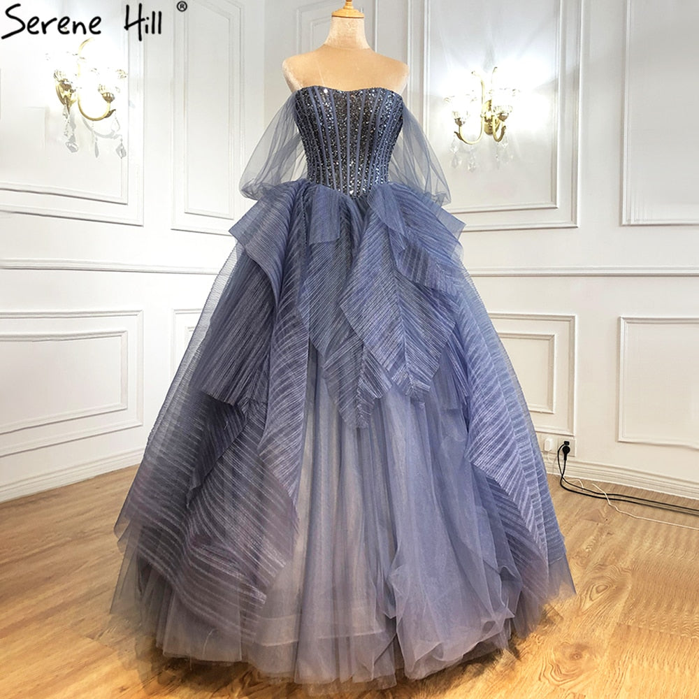 Vestidos de noche de lujo con cuentas azules, sin mangas, sexys, para mujer, 2025, LA70936 
