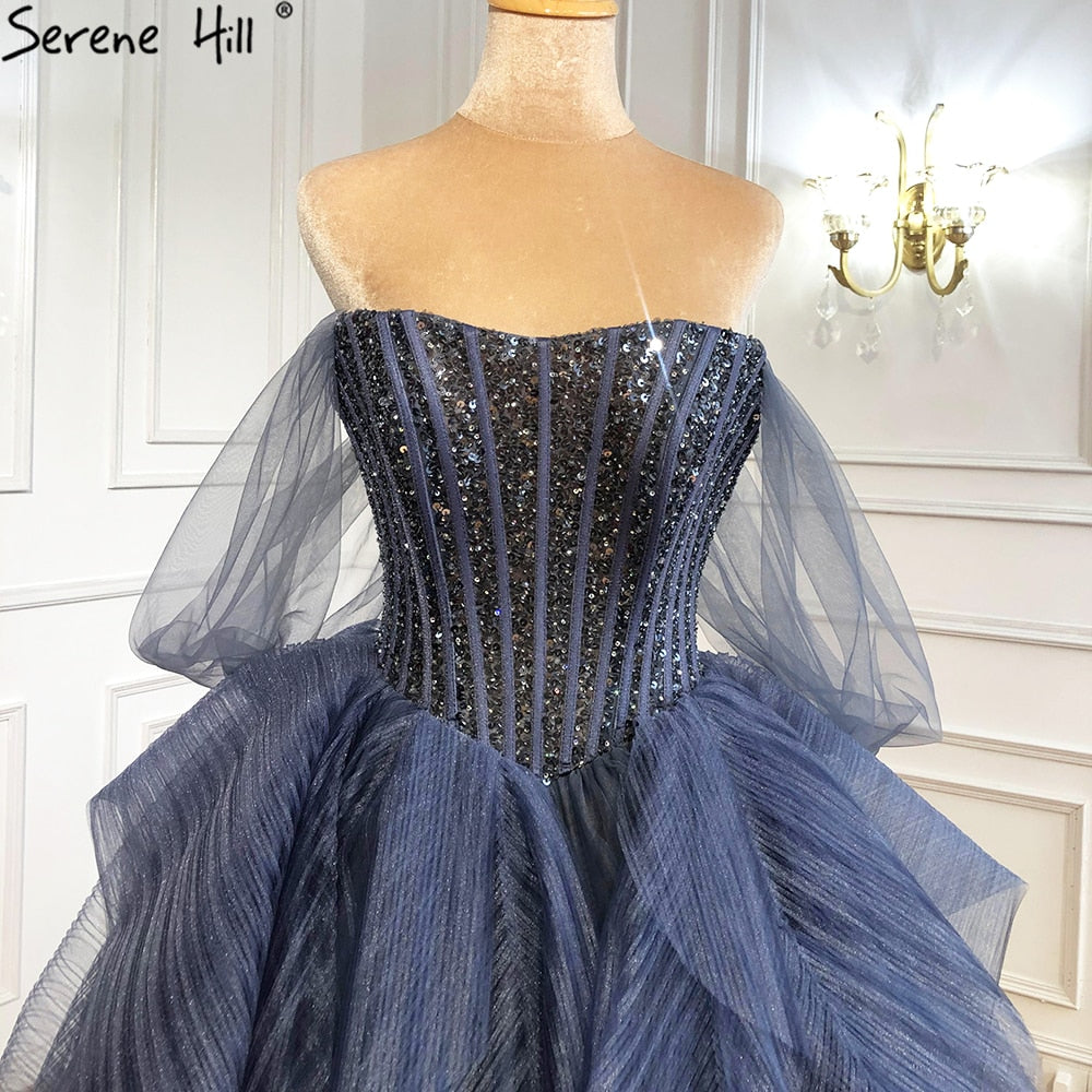 Vestidos de noche de lujo con cuentas azules, sin mangas, sexys, para mujer, 2025, LA70936 