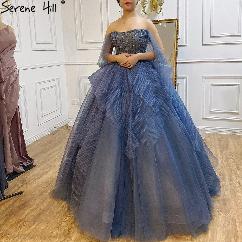 Vestidos de noche de lujo con cuentas azules, sin mangas, sexys, para mujer, 2025, LA70936 