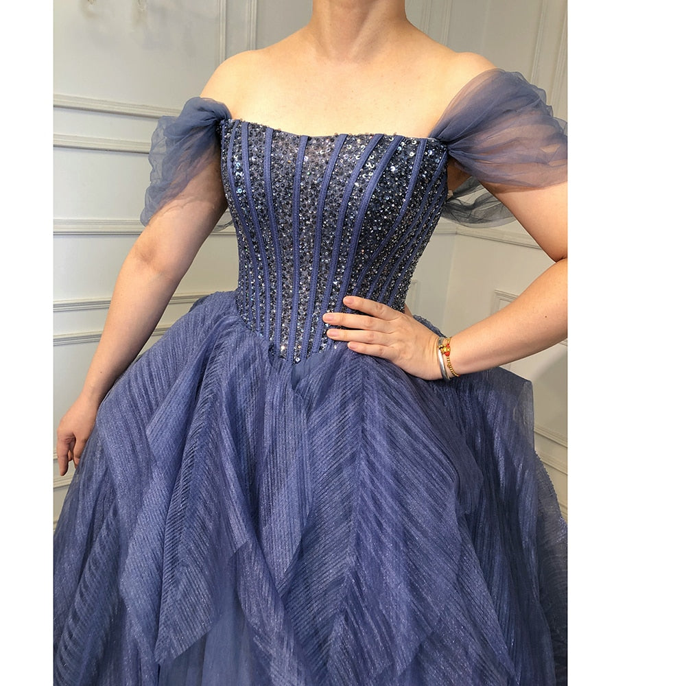 Vestidos de noche de lujo con cuentas azules, sin mangas, sexys, para mujer, 2025, LA70936 