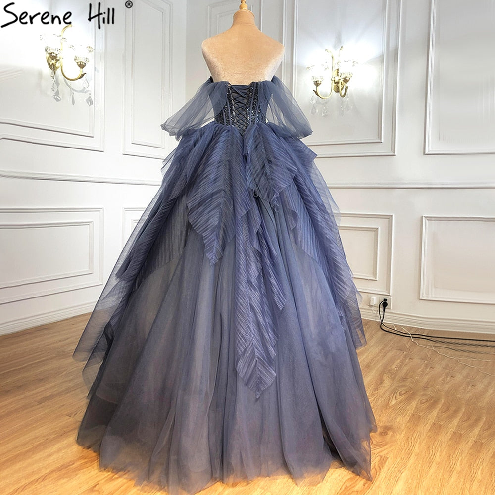 Vestidos de noche de lujo con cuentas azules, sin mangas, sexys, para mujer, 2025, LA70936 