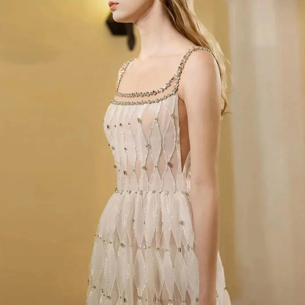 Luxus Kristall Dubai Weiß Abendkleider für Frauen Hochzeit Quadratischer Ausschnitt Midi Formales Abschlussball-Partykleid LA72473 