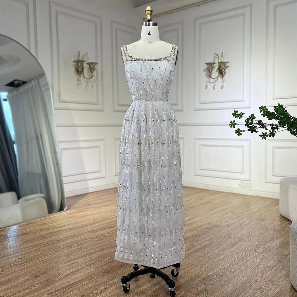Luxus Kristall Dubai Weiß Abendkleider für Frauen Hochzeit Quadratischer Ausschnitt Midi Formales Abschlussball-Partykleid LA72473 