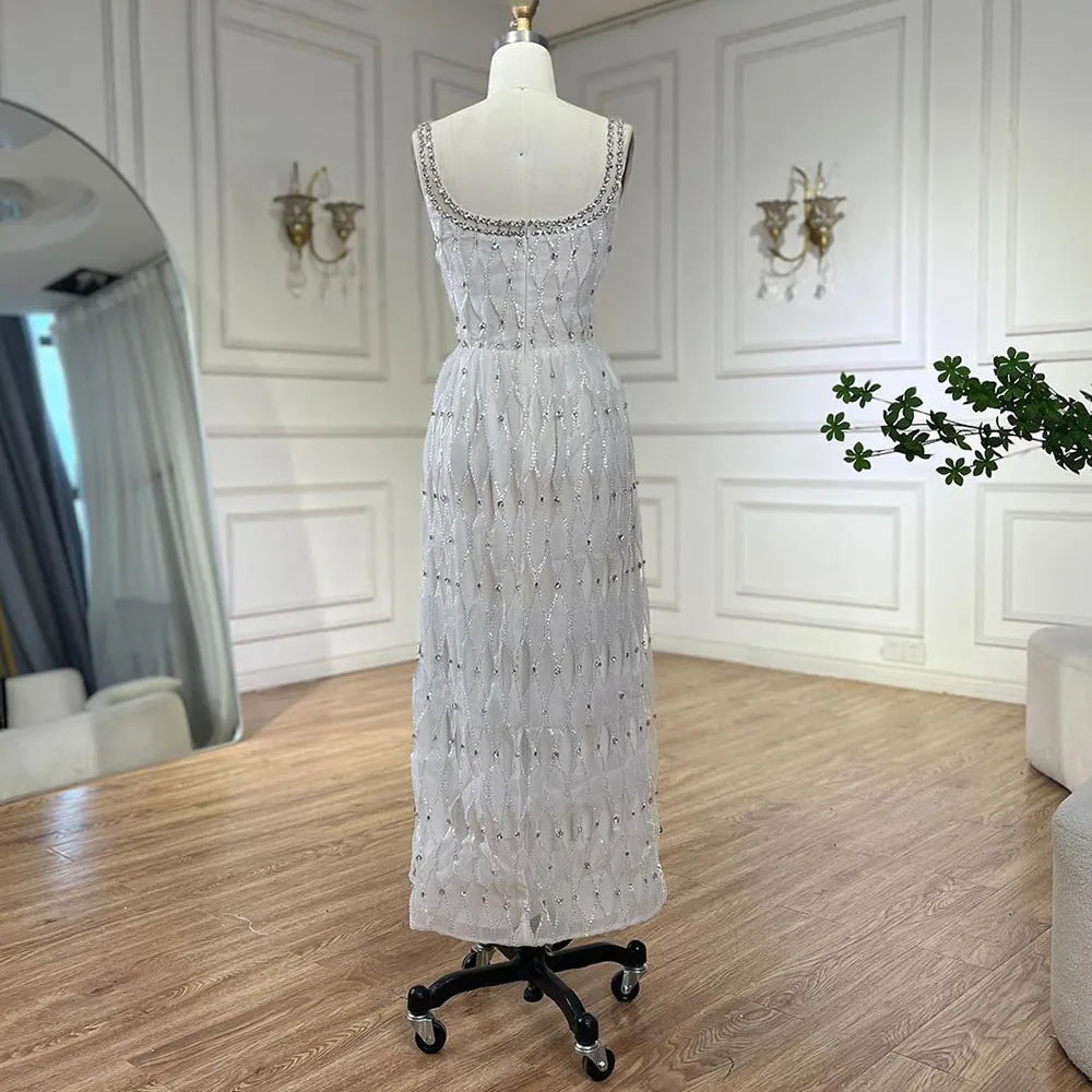 Luxus Kristall Dubai Weiß Abendkleider für Frauen Hochzeit Quadratischer Ausschnitt Midi Formales Abschlussball-Partykleid LA72473 