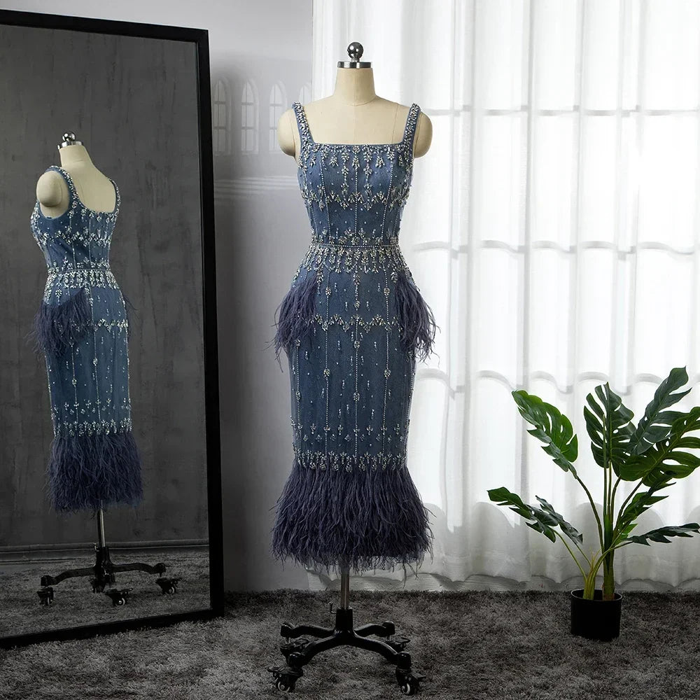Luxuriöses arabisches Midi-Abendkleid mit Kristallfedern und blauer Spitze LA71492A 