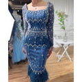 Luxuriöses arabisches Midi-Abendkleid mit Kristallfedern und blauer Spitze LA71492A 