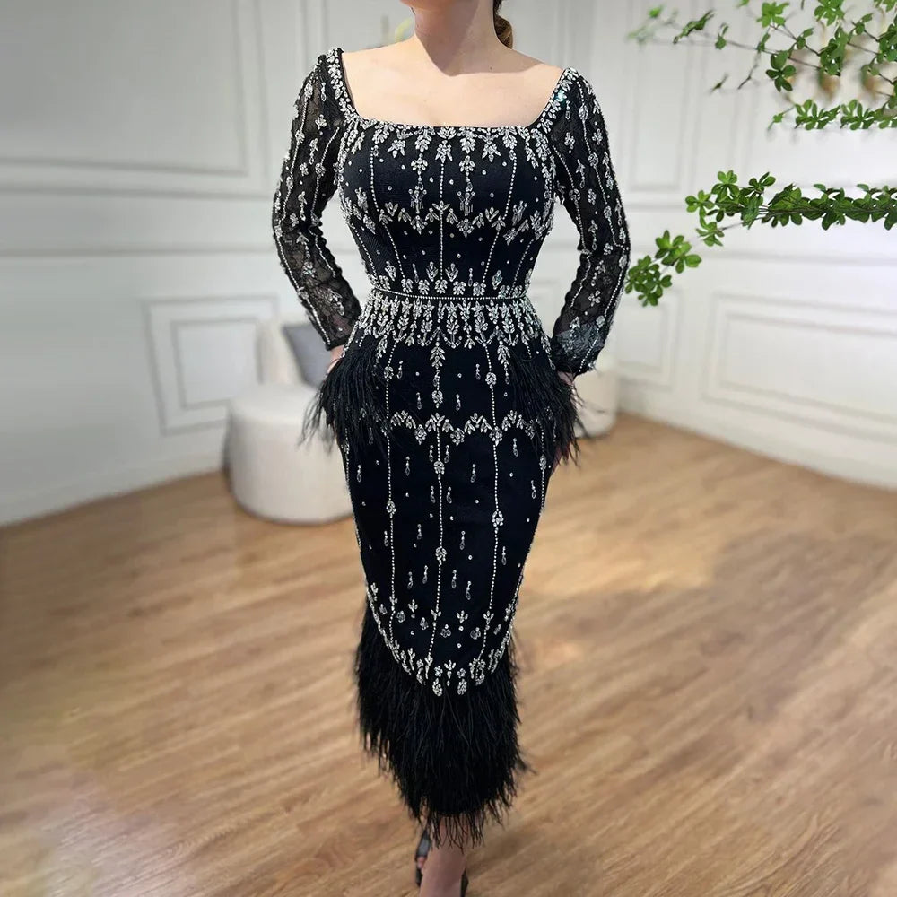 Luxury Crystal Feathers Blue Lace Midi Arabic Evening Dress Gown LA71492A