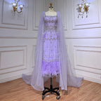 Luxuriöses arabisches Midi-Abendkleid mit Kristallfedern und blauer Spitze LA71492A 
