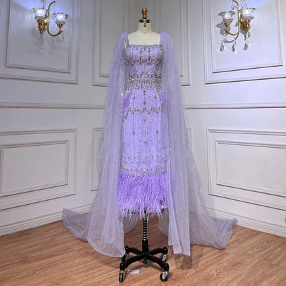 Luxuriöses arabisches Midi-Abendkleid mit Kristallfedern und blauer Spitze LA71492A 