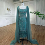 Luxuriöses arabisches Midi-Abendkleid mit Kristallfedern und blauer Spitze LA71492A 