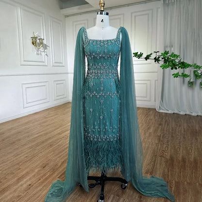 Luxuriöses arabisches Midi-Abendkleid mit Kristallfedern und blauer Spitze LA71492A 