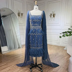 Luxuriöses arabisches Midi-Abendkleid mit Kristallfedern und blauer Spitze LA71492A 