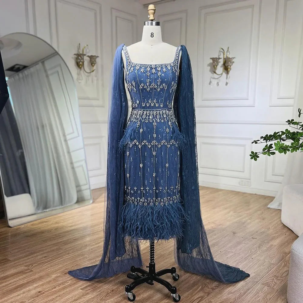 Luxuriöses arabisches Midi-Abendkleid mit Kristallfedern und blauer Spitze LA71492A 
