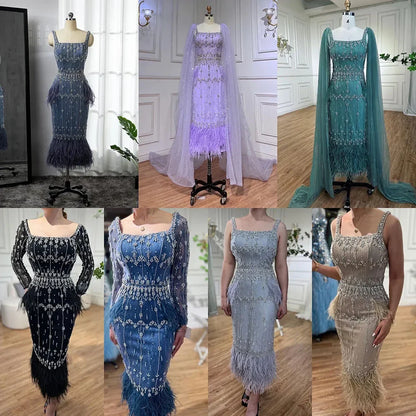 Luxuriöses arabisches Midi-Abendkleid mit Kristallfedern und blauer Spitze LA71492A 