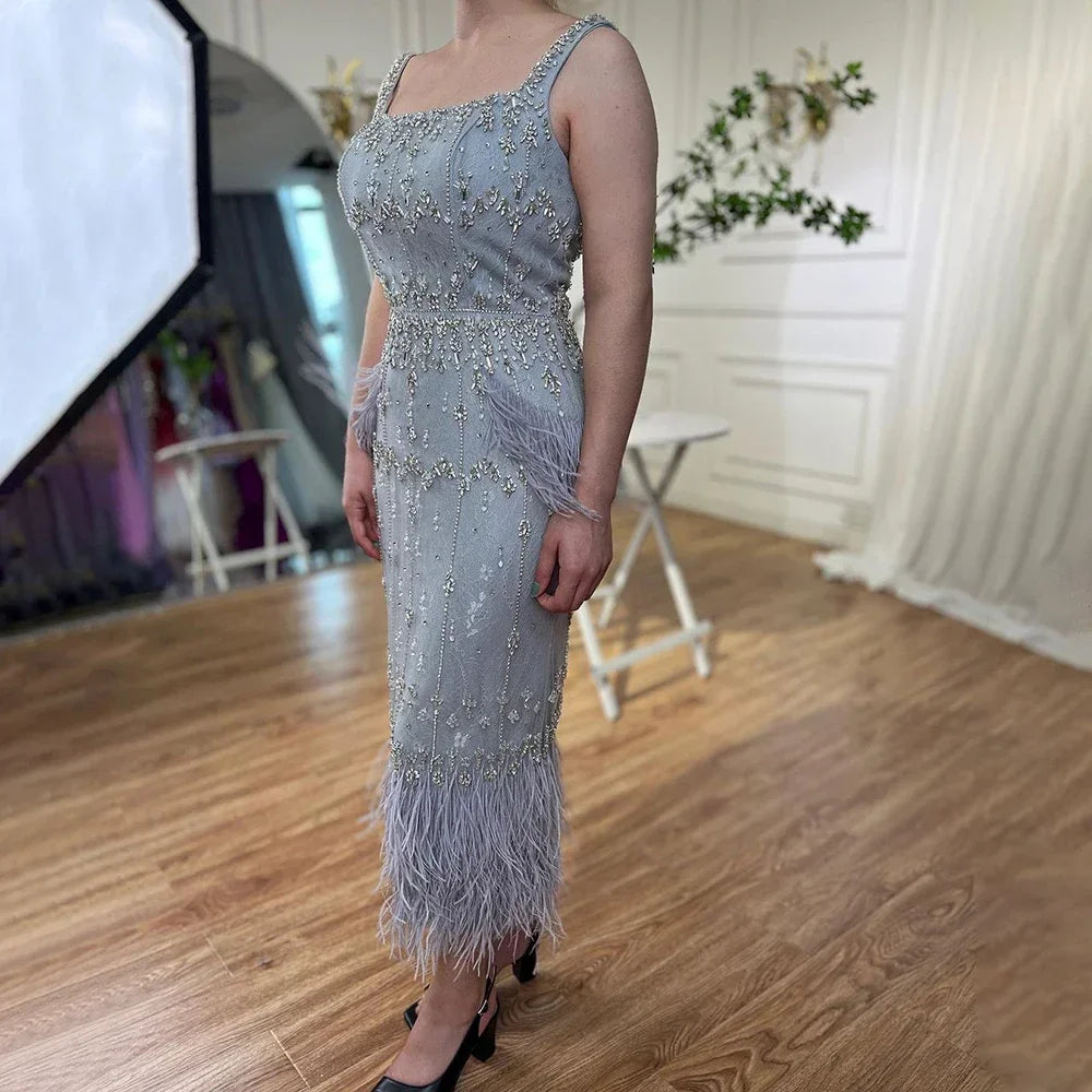 Luxury Crystal Feathers Blue Lace Midi Arabic Evening Dress Gown LA71492A