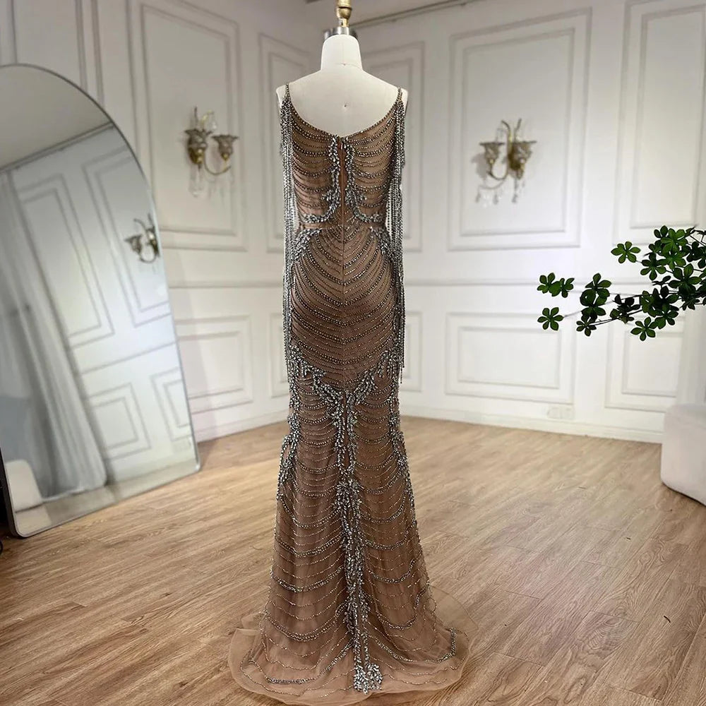 Vestidos de noche de lujo con borlas de cristal color caramelo de Dubái para mujer, vestidos de boda con tirantes finos, vestidos formales de fiesta de graduación LA72468 