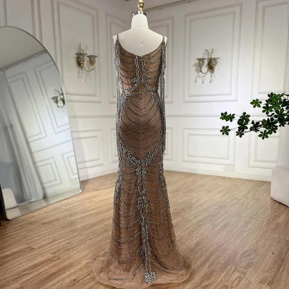 Luxury Crystal Tassel Dubai Caramel Evening Dresses for Women Wedding Spaghetti Strap Formal Prom Party Gown LA72468