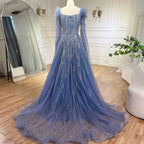 Blaue Luxus-Federn Arabische Abendkleider mit Cape LA72236 