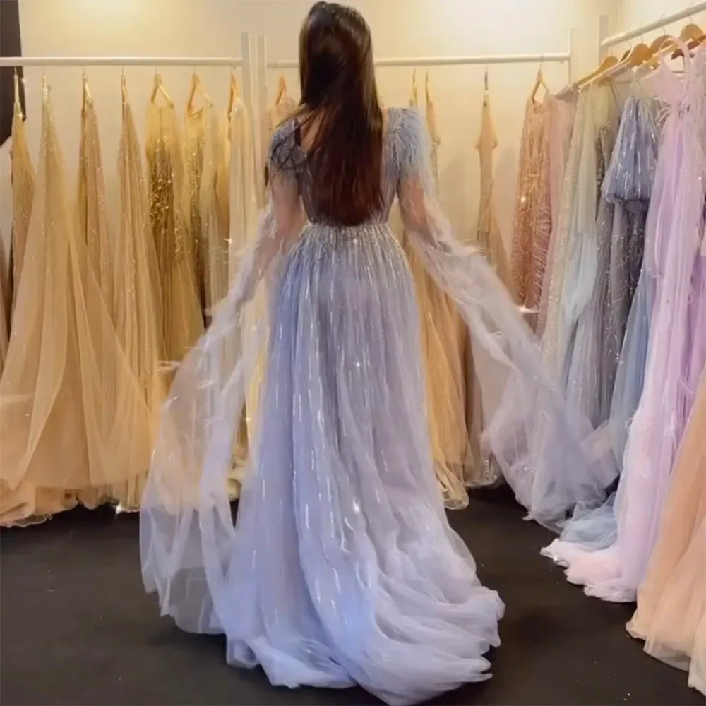 Blue Luxury Feathers Arabic Evening Dresses with Cape LA72236