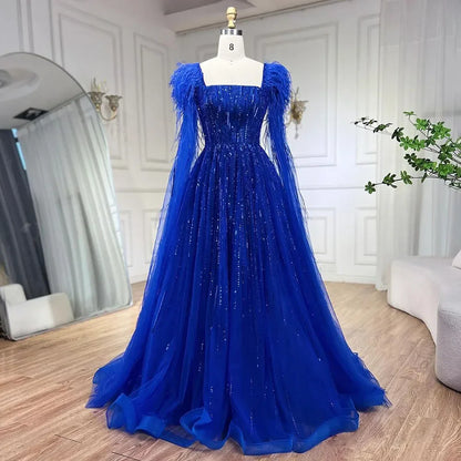 Blaue Luxus-Federn Arabische Abendkleider mit Cape LA72236 