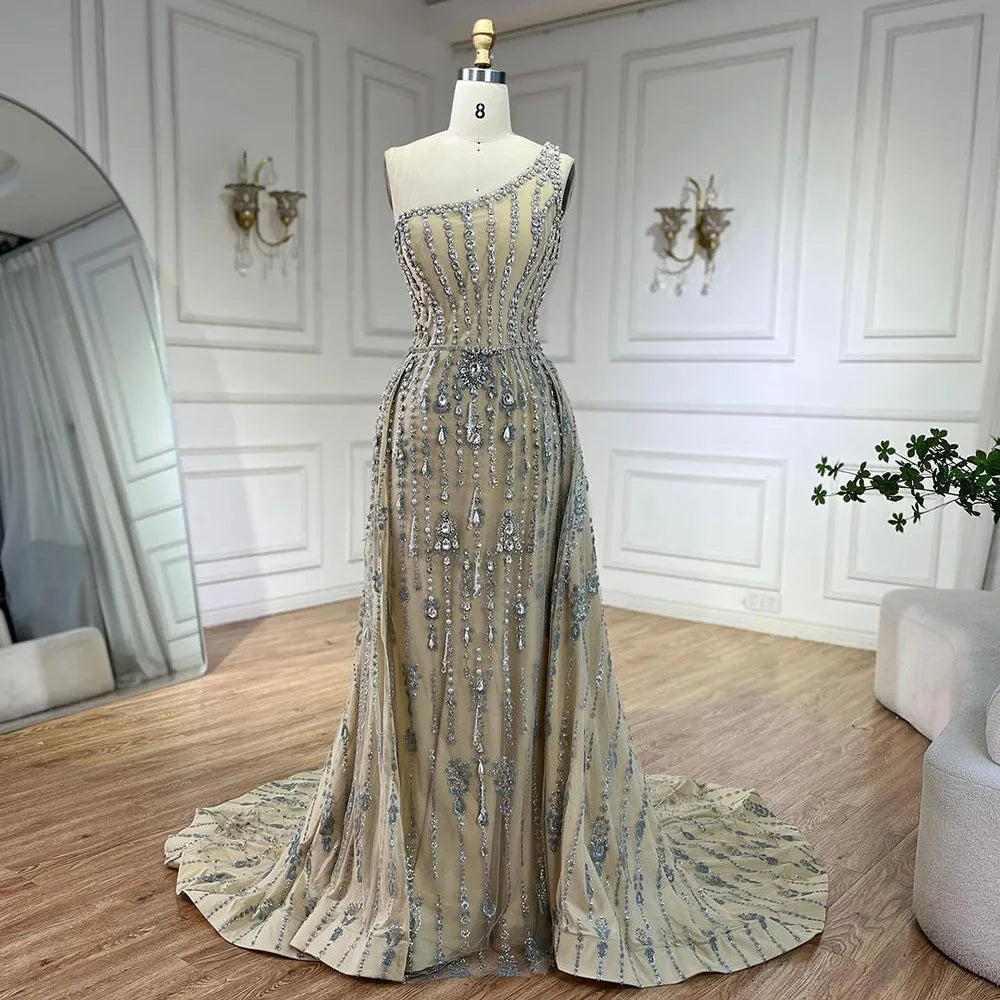 Luxus Dubai Arabien Nude Perlen One Shoulder Mermaid Elegante Abendkleider Kleider Für Frau Hochzeit Party LA71538 