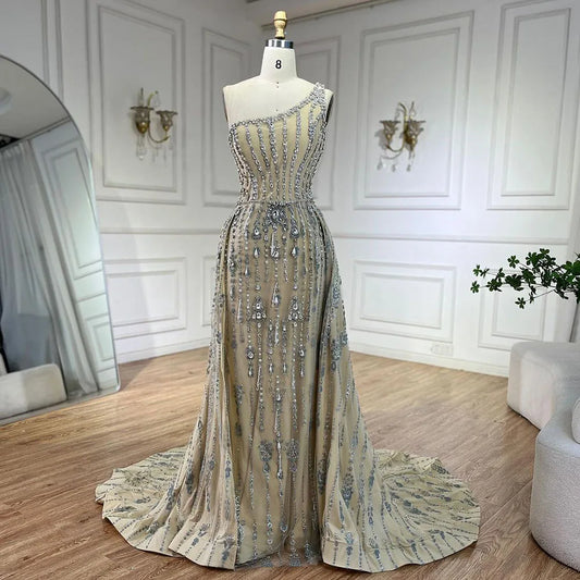 Luxury Dubai Arabia Nude Beaded One Shoulder Mermaid Elegant Evening Dresses Gowns For Woman Wedding Party LA71538