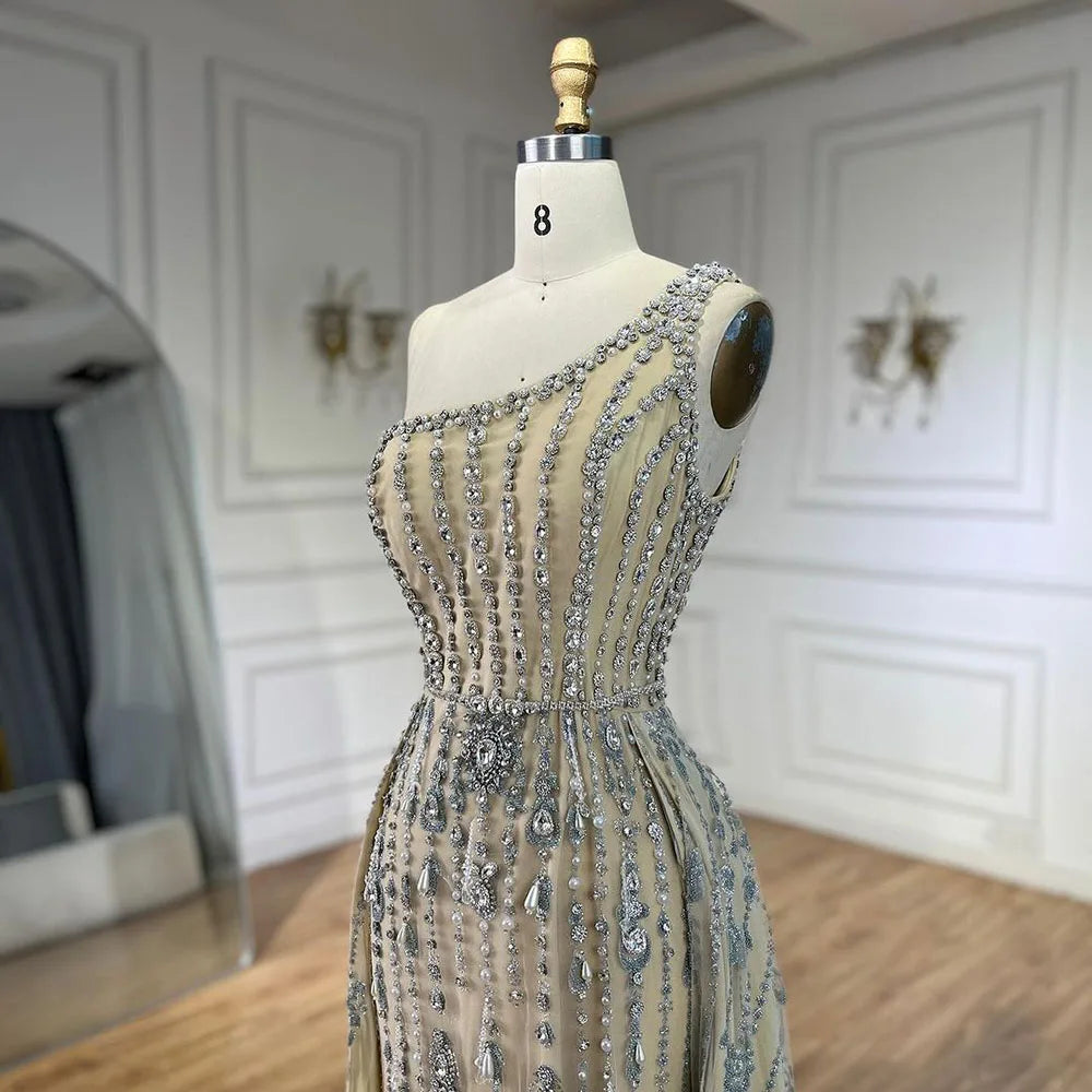 Luxus Dubai Arabien Nude Perlen One Shoulder Mermaid Elegante Abendkleider Kleider Für Frau Hochzeit Party LA71538 