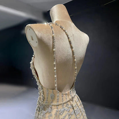 Luxury Dubai Arabia Nude Beaded One Shoulder Mermaid Elegant Evening Dresses Gowns For Woman Wedding Party LA71538