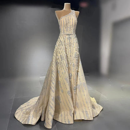 Luxury Dubai Arabia Nude Beaded One Shoulder Mermaid Elegant Evening Dresses Gowns For Woman Wedding Party LA71538