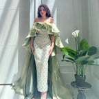 Luxury Dubai Arabia Sage Green Evening Dresses Gowns With Cape Beaded Women Wedding Party Dress 2025 LA72567