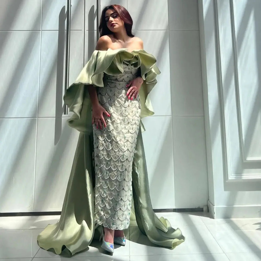 Luxury Dubai Arabia Sage Green Evening Dresses Gowns With Cape Beaded Women Wedding Party Dress 2025 LA72567