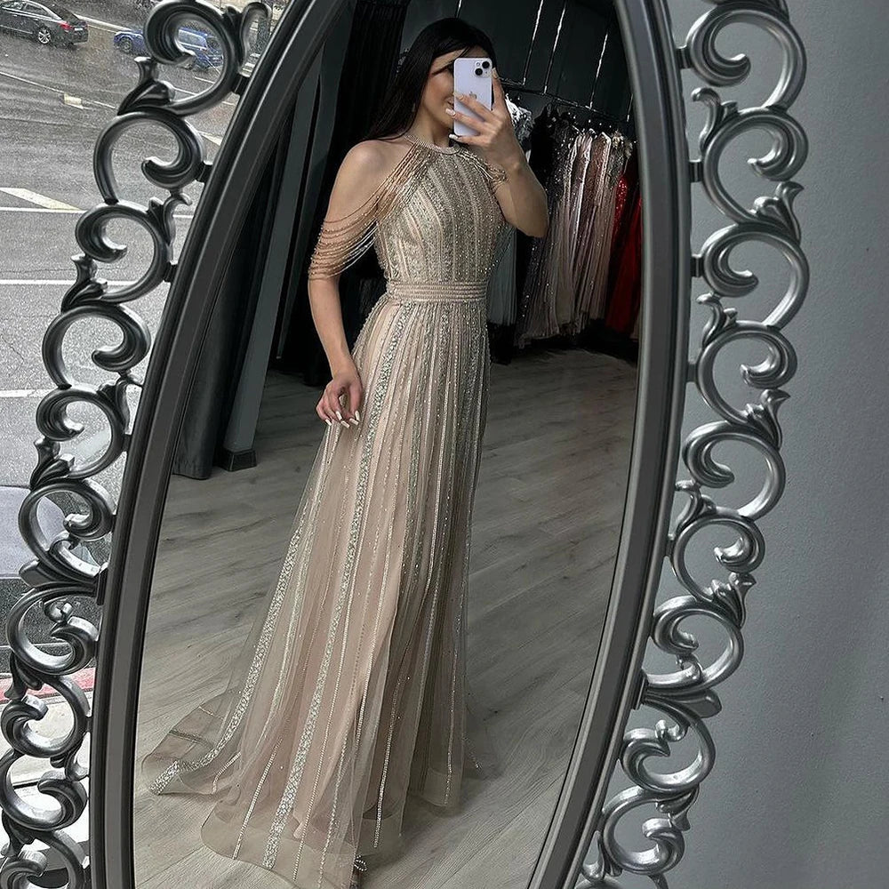 Vestidos de noche formales de lujo de Dubái, corte A, con borlas y cuentas doradas, para mujer, vestidos de fiesta de boda 2025 LA70357 