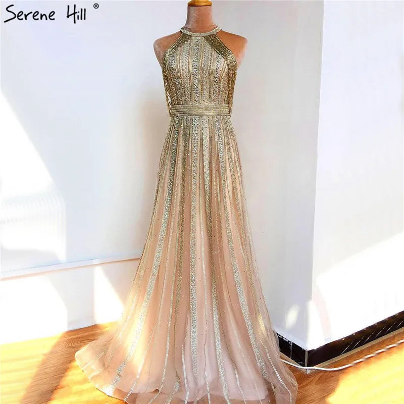 Vestidos de noche formales de lujo de Dubái, corte A, con borlas y cuentas doradas, para mujer, vestidos de fiesta de boda 2025 LA70357 